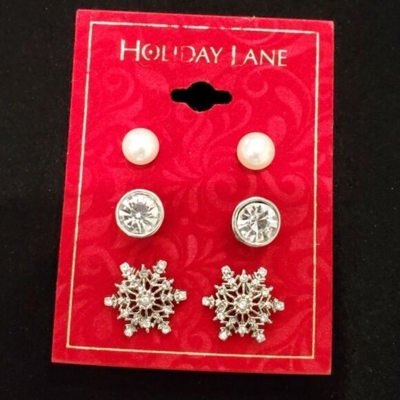 Holiday Lane 3 Sets Snowflake Rhinestone Pearl - Picture 1 of 3